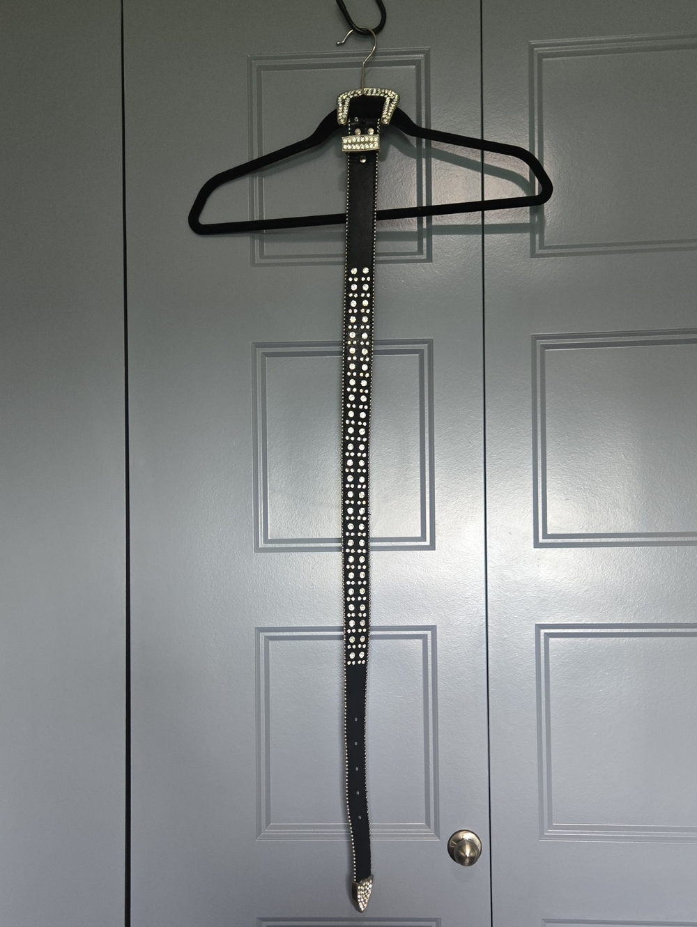 Studded Black Leather Belt with Rhinestone Buckle